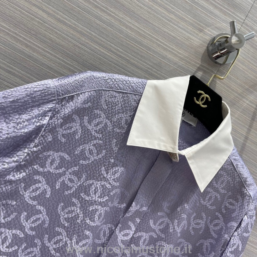 Original Kvalitet Chanel Cc Logo Broderet Button Up Silke Skjorte Kjole Efterår/vinter 2021 Kollektion Blå
