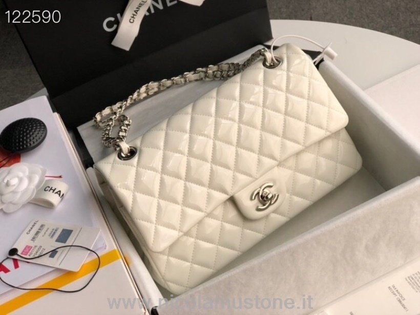 Original Kvalitet Chanel Klassisk Flap Taske 25 Cm Sølv Hardware Patent Læder Forår/sommer 2020 Kollektion Hvid