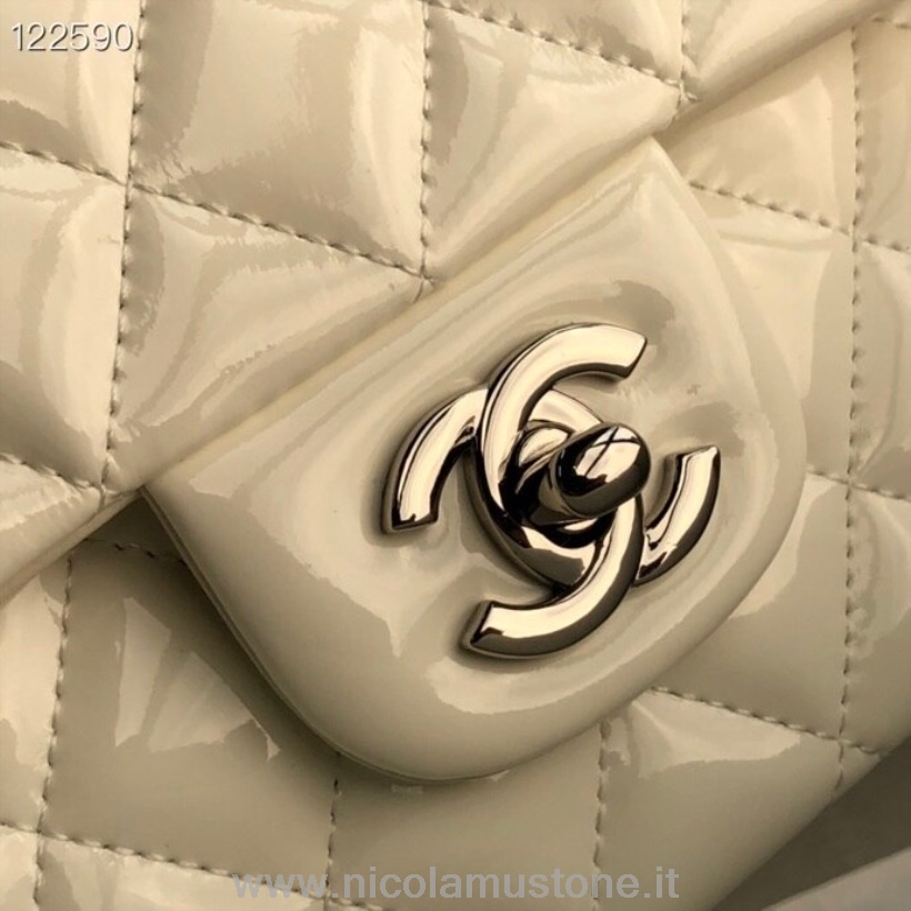 Original Kvalitet Chanel Klassisk Flap Taske 25 Cm Sølv Hardware Patent Læder Forår/sommer 2020 Kollektion Hvid