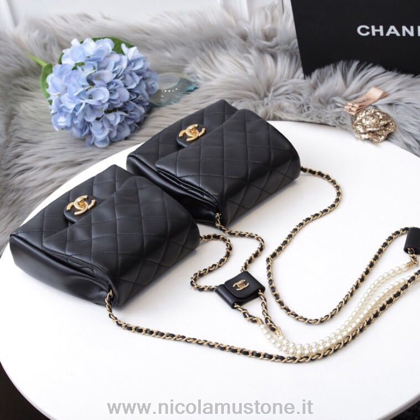Original Kvalitet Chanel Imiterede Perler Sidepakke Taske 18cm Lammeskind Guld Hardware Forår/sommer 2019 Act 2 Kollektion Sort