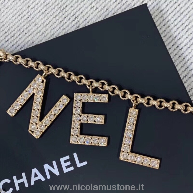 Original Kvalitets Chanel Metal Og Strass Dobbelt Kæde Bælte Ab1386 Forår/sommer 2019 Kollektion Guld