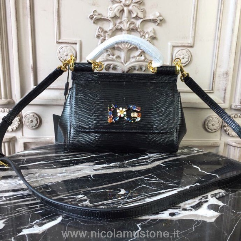 Original Kvalitet Dolce Gabbana Almindelig Sicily Taske 20cm Firben/kalveskind Læder Efterår/vinter 2018 Kollektion Sort