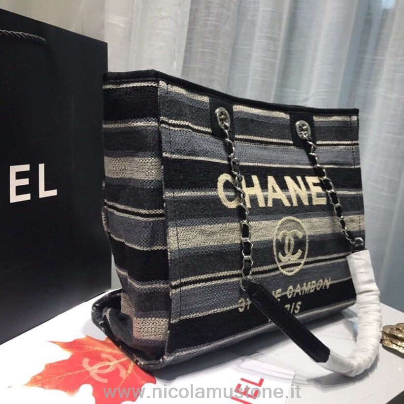 Original Kvalitet Chanel Deauville Tote 34 Cm Lærredstaske Forår/sommer 2019 Kollektion Blå/creme/multi