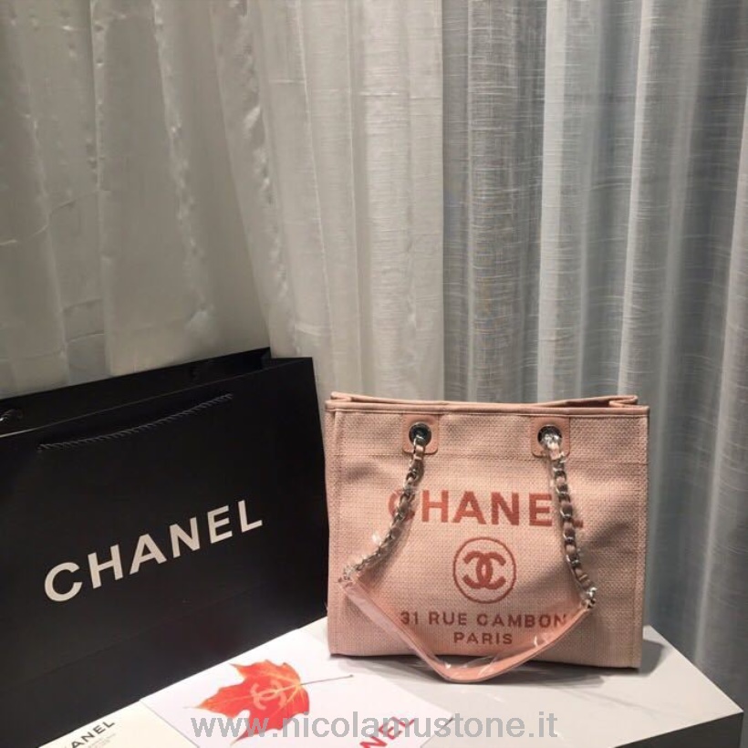 Original Kvalitet Chanel Deauville Tote 34cm Lærredstaske Forår/sommer 2019 Kollektion Lys Pink/multi