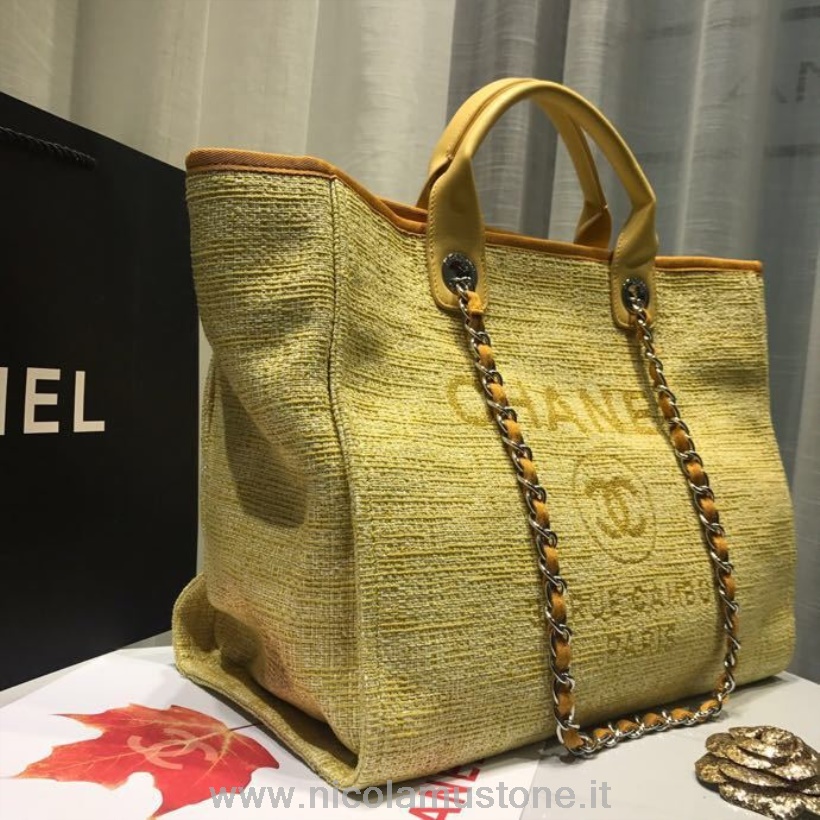 Original Kvalitet Chanel Deauville Tote 38cm Lærredstaske Forår/sommer 2019 Kollektion Gul/hvid/multi
