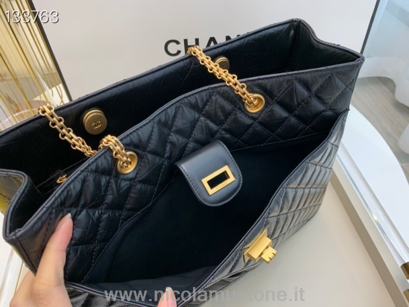 Qualità Originale Chanel Reissue 255 Tote Bag 35cm Hardware Oro Pelle Di Vitello Invecchiata Collezione Autunno/inverno 2020 Nero