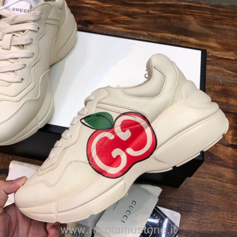 Original Qualität Gucci Apple Rhyton Dad Sneakers 619896 Kalbsleder Frühjahr/Sommer 2020 Kollektion Off White/Red