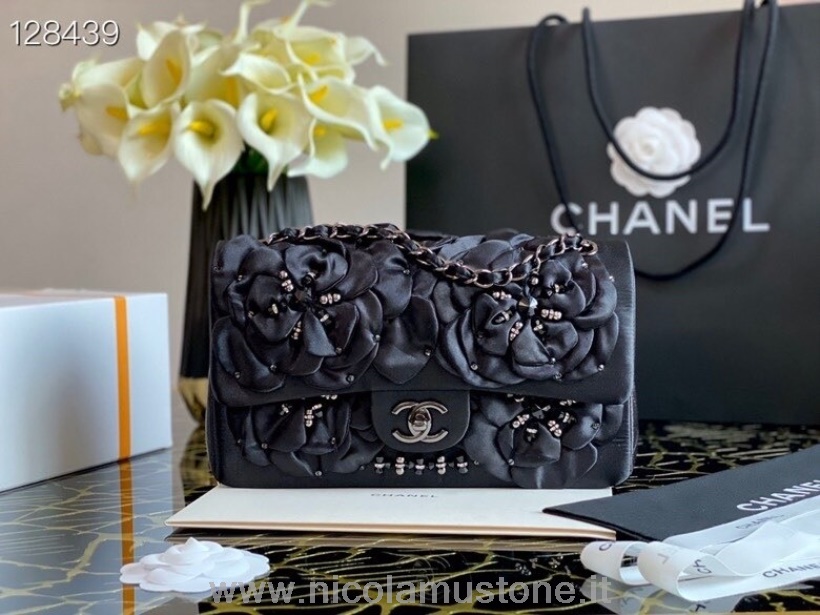 Original Qualität Chanel Star Camellia Classic Flap Bag 25cm Satin/Lammleder Pre-Fall 2020 Kollektion Schwarz