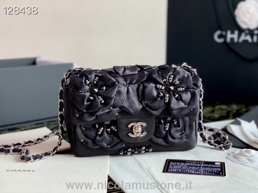 Original Qualität Chanel Star Camellia Classic Mini Flap Bag 20cm Satin/Lammleder Pre-Fall 2020 Kollektion Schwarz