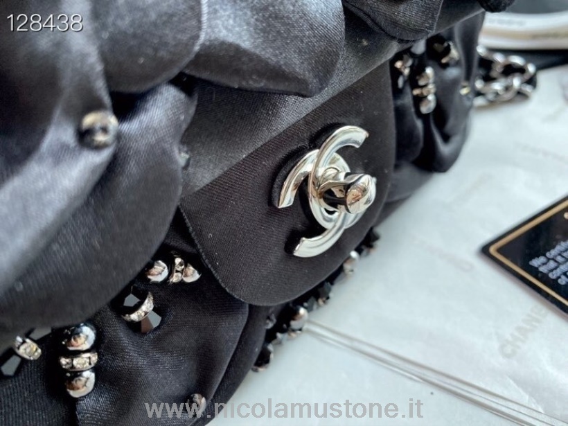 Original Qualität Chanel Star Camellia Classic Mini Flap Bag 20cm Satin/Lammleder Pre-Fall 2020 Kollektion Schwarz