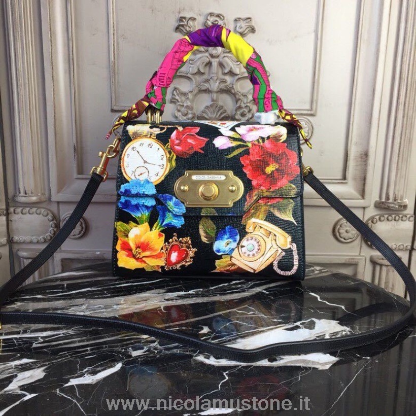 Dolce Gabbana Willkommenstasche In Originalqualität Dauphine/vintage Ziegenleder 24cm Kalbsleder Kollektion Herbst/winter 2018 Floral/phone/schwarz