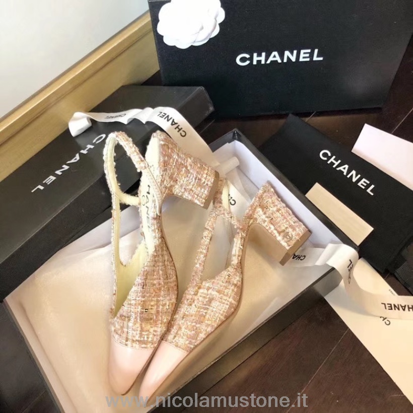 Chanel Tweed Slingpumps In Original Qualität Kalbsleder Kollektion Frühjahr/sommer 2020 Hellrosa
