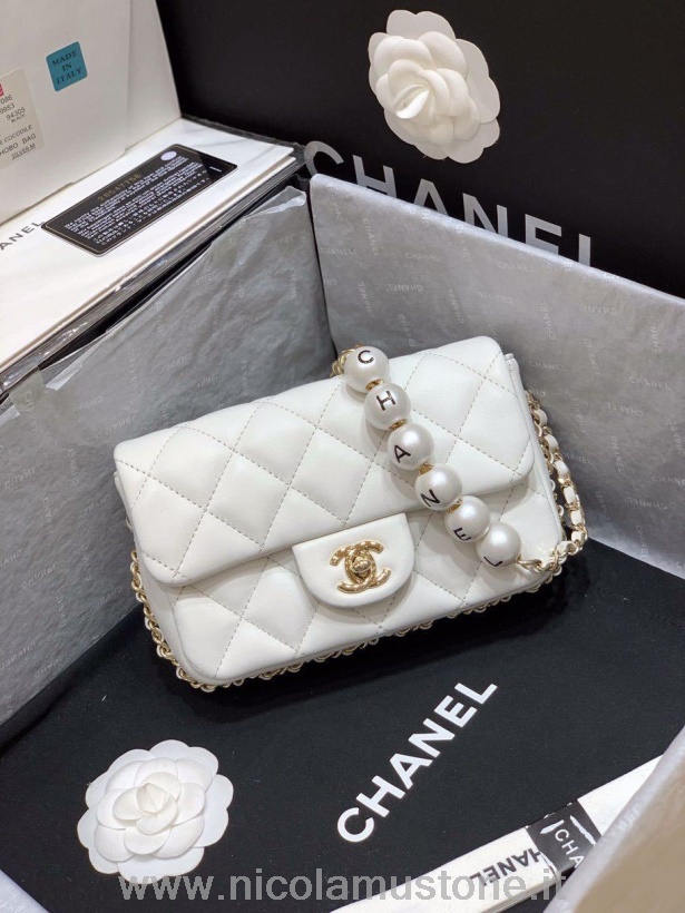 Original Qualität Chanel Tasche Mit Klappe Perlen Verziert 18 Cm Gold Hardware Lammleder Kollektion Frühjahr/sommer 2020 Weiß