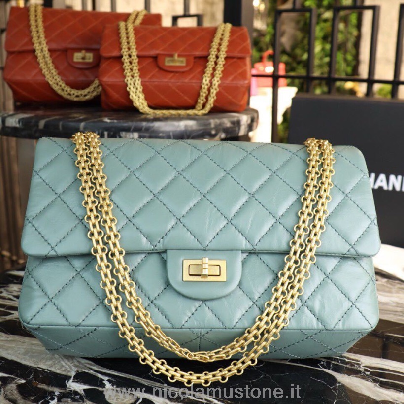Chanel 255 Neuauflage Tasche 28 Cm In Originalqualität Gealtertes Kalbsleder Herbst/winter Act 1 Kollektion 2018 Tiffanyblau