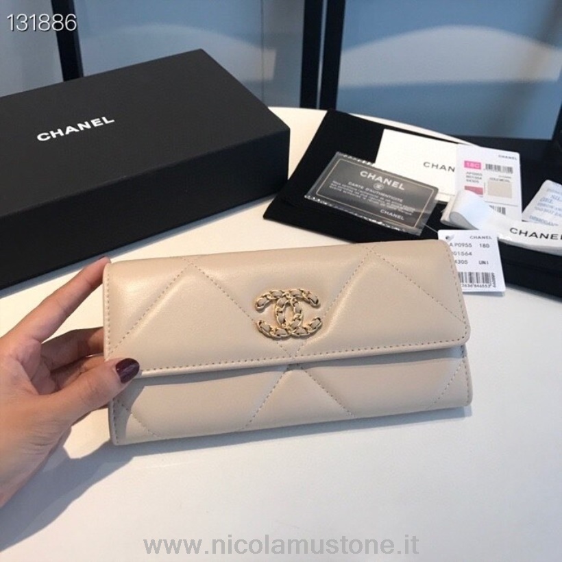 Original Qualität Chanel 19 Lange Brieftasche Gold Hardware Lammleder Kollektion Herbst/winter 2020 Beige