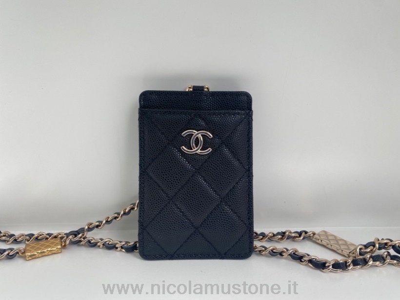 Original Qualität Chanel Kartenhalter Tasche Charme Kette 12 Cm A81162 Genarbtes Kalbsleder Gold Hardware Frühjahr/sommer Kollektion 2022 Schwarz
