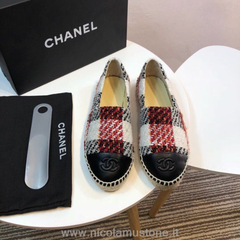 Original Qualität Chanel Tweed Plaid Und Lammfell Zehen Espadrilles Frühjahr/Sommer 2017 Kollektion Akt 2 Rot/schwarz/weiß