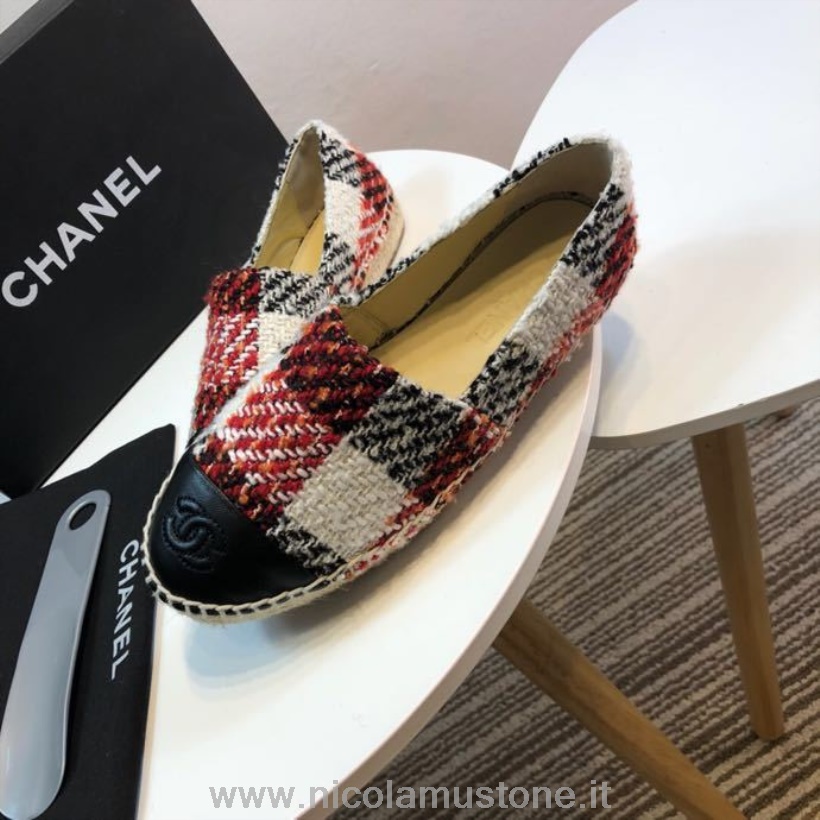 Original Qualität Chanel Tweed Plaid Und Lammfell Zehen Espadrilles Frühjahr/Sommer 2017 Kollektion Akt 2 Rot/schwarz/weiß