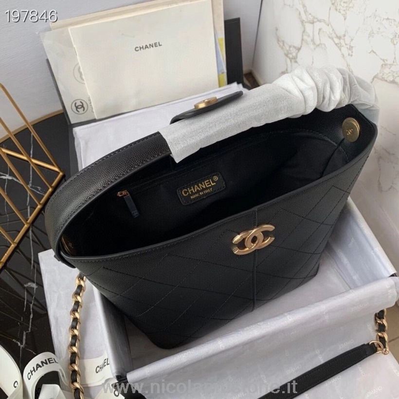 Original Qualität Chanel Einkaufstasche 24cm Genarbtes Lammleder Gold Hardware Cruise Saisonale Kollektion 2021 Schwarz