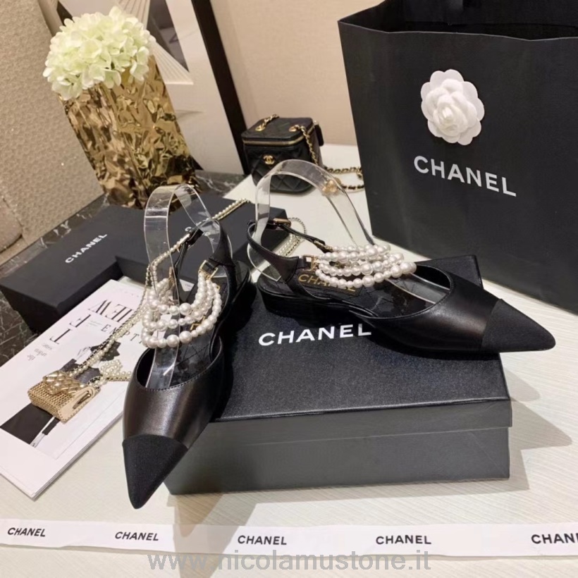 Original Qualität Chanel Perlenkette Verzierte Flache Schuhe Kalbsleder Kollektion Herbst/winter 2021 Schwarz