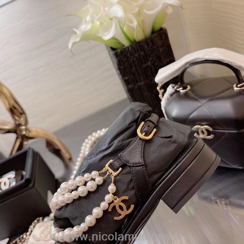 Original Qualität Chanel Perlenkette Verzierte Flache Schuhe Kalbsleder Kollektion Herbst/winter 2021 Schwarz