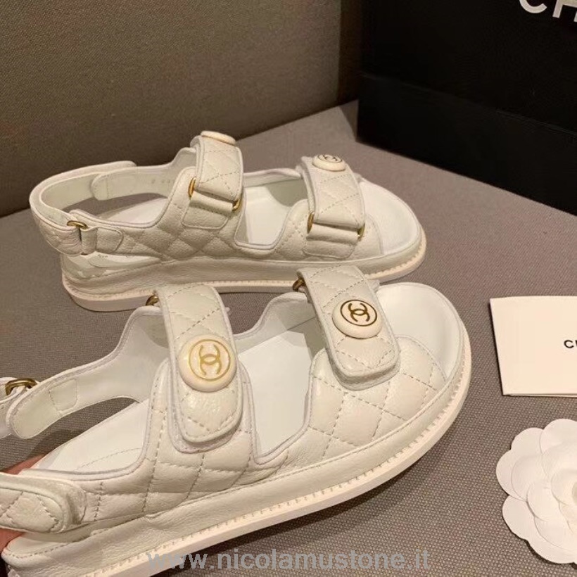 Original Qualität Chanel Cc Knopf Klettsandalen Glänzendes Lammleder Kollektion Frühjahr/sommer 2020 Weiß