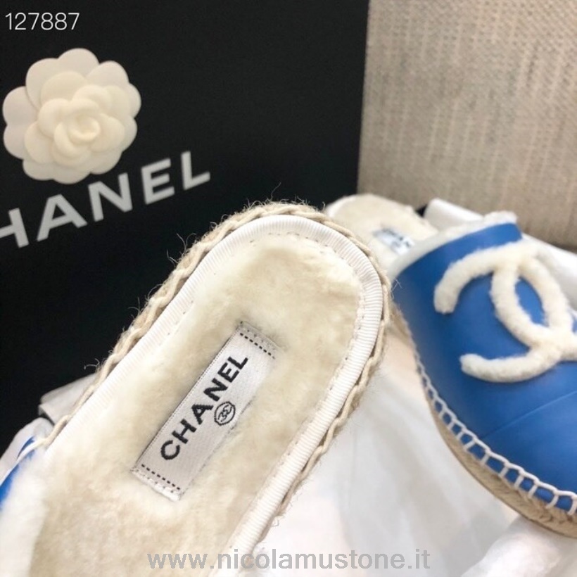 Original Qualität Chanel Lammfell Espadrille Pantoletten Lammleder Herbst/Winter 2020 Kollektion Blau/Weiß