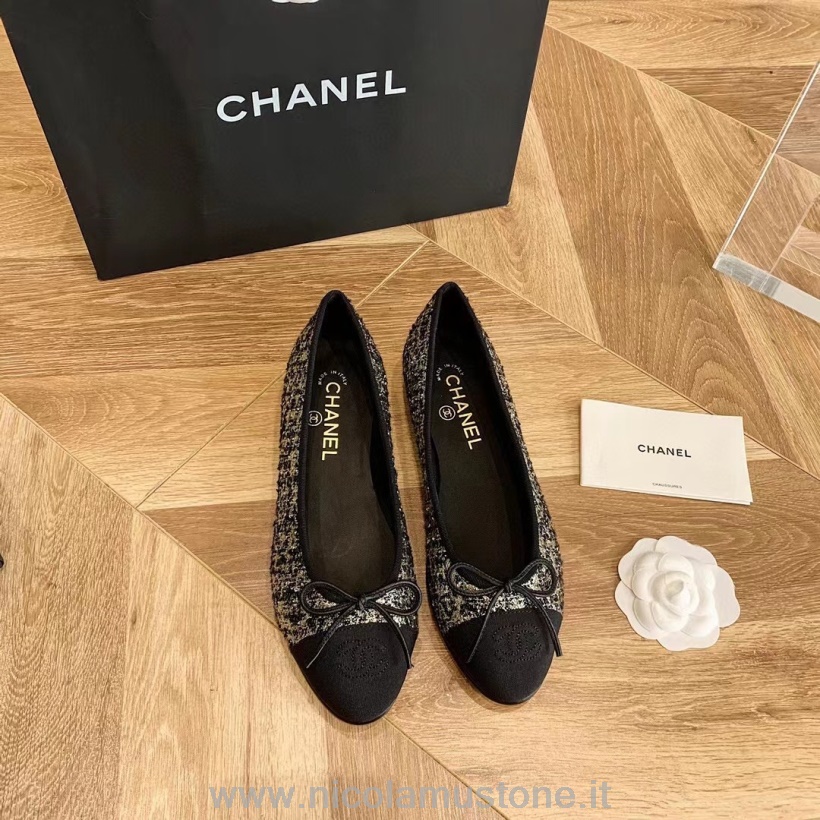 Original Qualität Chanel Ballerinas Tweed/Lammleder Kollektion Frühjahr/Sommer 2021 Gold/Schwarz