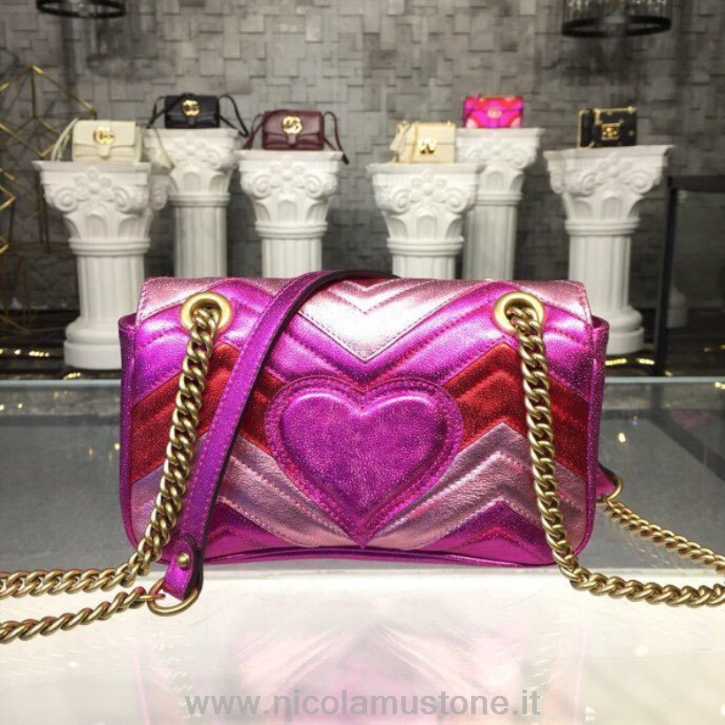 Original Qualität Gucci GG Marmont Matelasse Mini Tasche 22cm Kalbsleder 446744 Kollektion Frühjahr/Sommer 2019 Pink/Rot Metallic