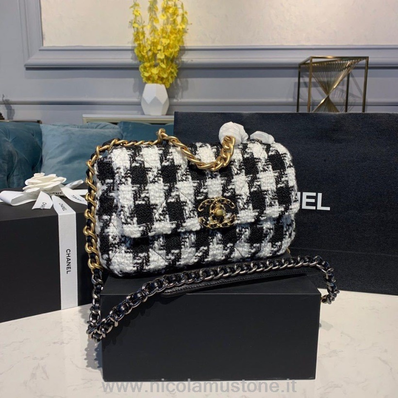 Original Qualität Chanel 19 Überschlagtasche 26cm Tweed/Ziegenleder Herbst/Winter 2019 Akt 1 Kollektion Weiß/schwarz