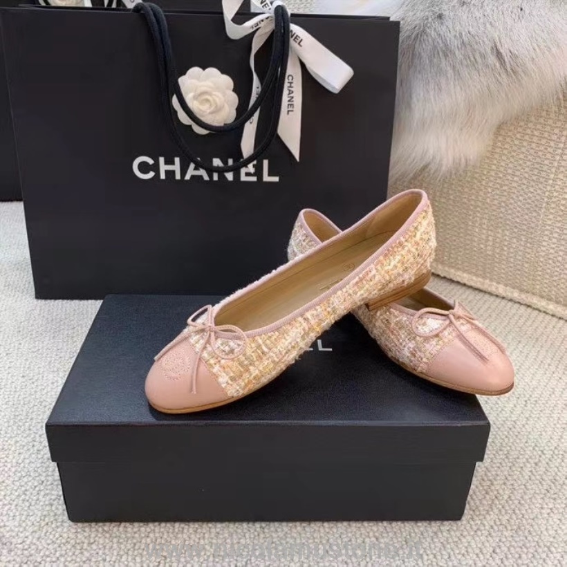 Original Qualität Chanel Ballerinas Tweed Grosgrain Kalbsleder Frühjahr/Sommer 2020 Kollektion Hellrosa