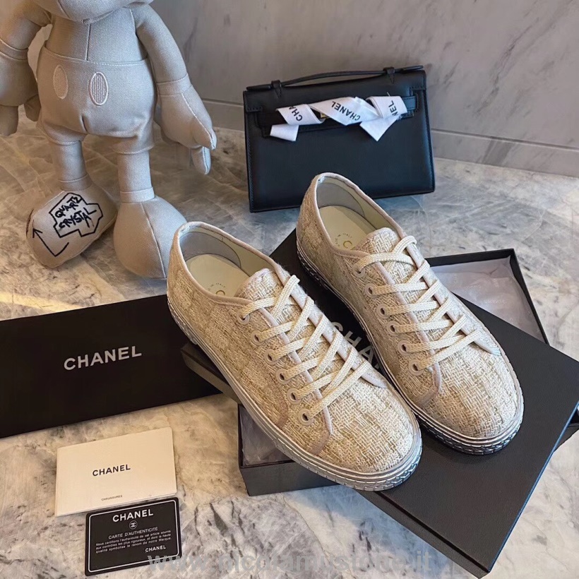 Original Qualität Chanel Tweed Bestickte Turnschuhe Kalbsleder Frühling/sommer 2020 Akt 1 Kollektion Beige