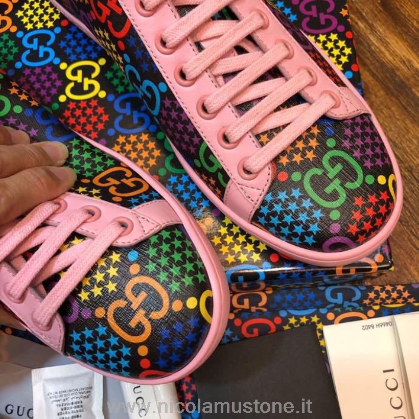 Original Qualität Gucci Psychedelic Ace Sneakers 603697 Kalbsleder Frühjahr/Sommer 2020 Kollektion Pink
