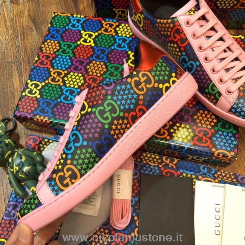Original Qualität Gucci Psychedelic Ace Sneakers 603697 Kalbsleder Frühjahr/Sommer 2020 Kollektion Pink