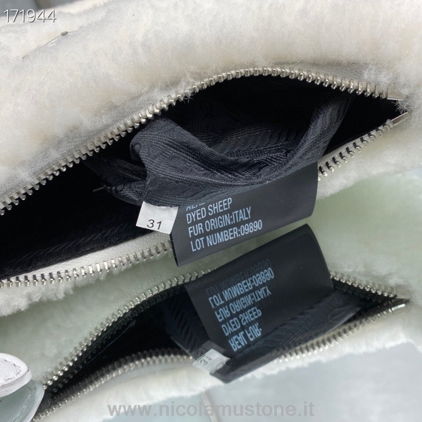 Prada Shearling-Pelz-Hobo-Tasche In Originalqualität 22 Cm 6620 Nylon-Leder Kreuzfahrtkollektion 2021 Weiß