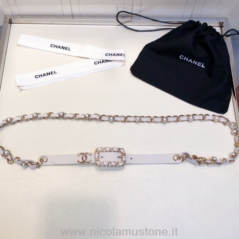 Chanel-Perlenkette In Originalqualität Gewebt 1 Mm Gürtel Goldene Hardware Kalbsleder Herbst-/Winterkollektion 2020 Weiß