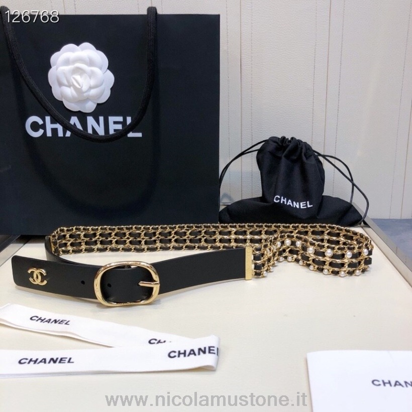 Chanel-Perlenkette In Originalqualität Gewebt 3 Mm Gürtel Goldene Hardware Kalbsleder Herbst-/Winterkollektion 2020 Schwarz