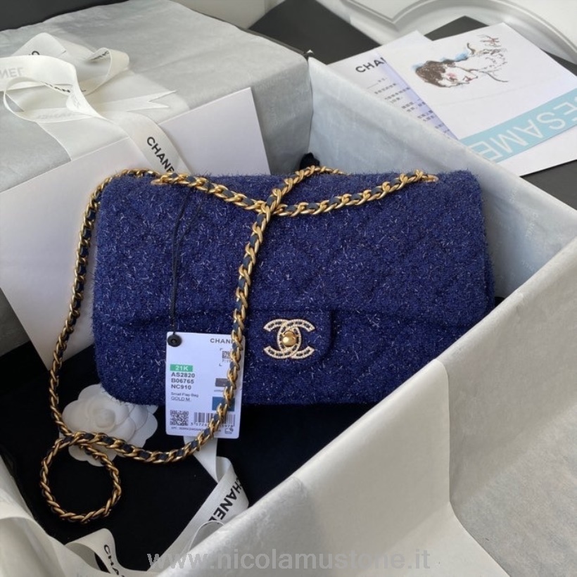 Chanel Fancy Flap Bag In Originalqualität 25 Cm As2820 Tweed/Lammleder Gold Hardware Cruise Frühjahr/Sommer 2022 Kollektion Blau