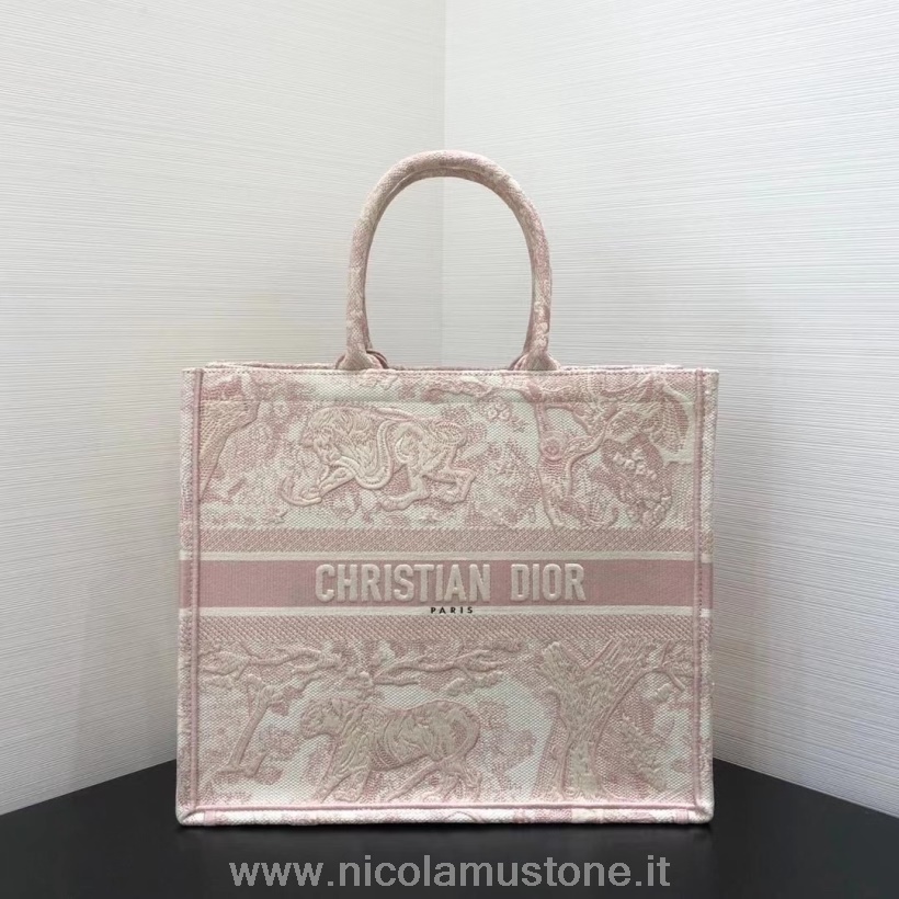 Original Qualität Christian Dior Dioriviera Toile De Jouy Book Tragetasche 42cm Bestickter Canvas Herbst/Winter 2020 Kollektion Hellrosa/Weiß