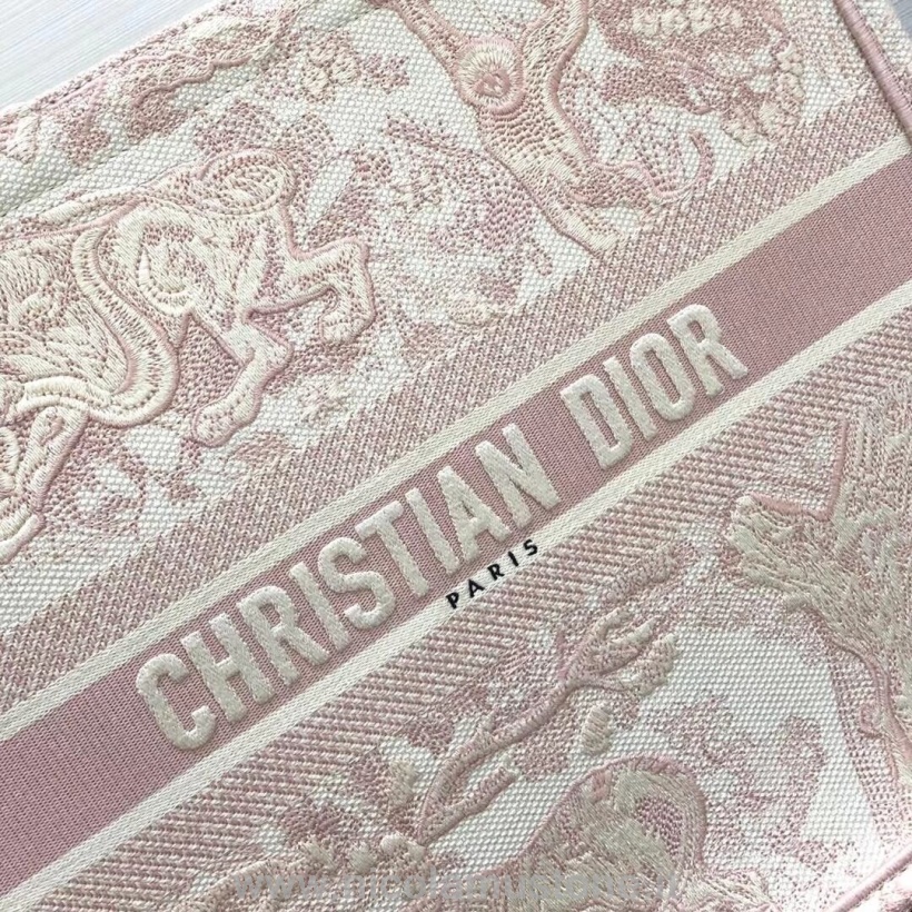 Original Qualität Christian Dior Dioriviera Toile De Jouy Book Tragetasche 42cm Bestickter Canvas Herbst/Winter 2020 Kollektion Hellrosa/Weiß
