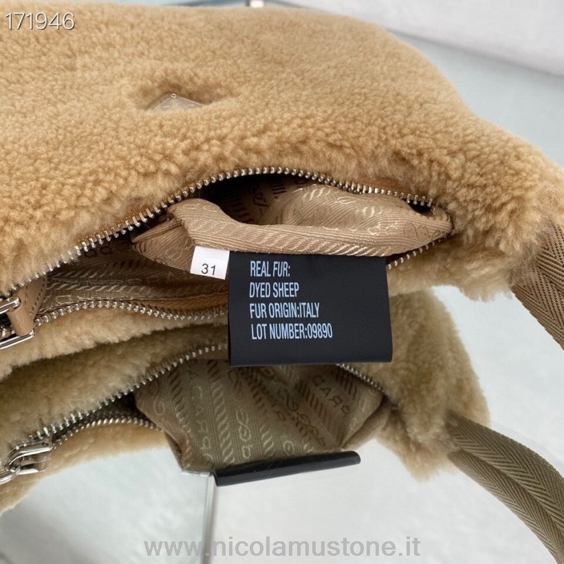 Prada Shearling-Pelz-Hobo-Tasche In Originalqualität 22 Cm 6620 Nylon-Leder Kreuzfahrtkollektion 2021 Hellbraun