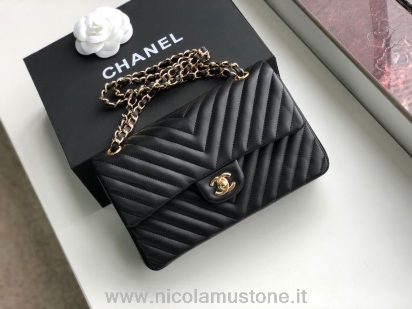Chanel Chevron Classic Flap Bag 25cm Gold Hardware Originalqualität Lammleder Frühjahr/Sommer Kollektion 2020 Schwarz