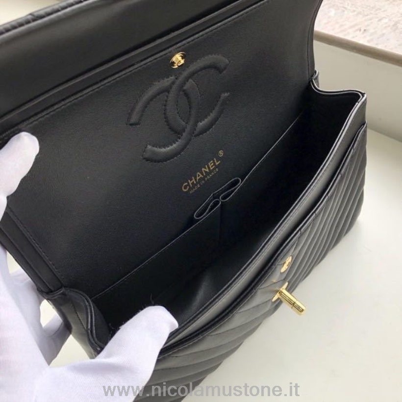 Chanel Chevron Classic Flap Bag 25cm Gold Hardware Originalqualität Lammleder Frühjahr/Sommer Kollektion 2020 Schwarz