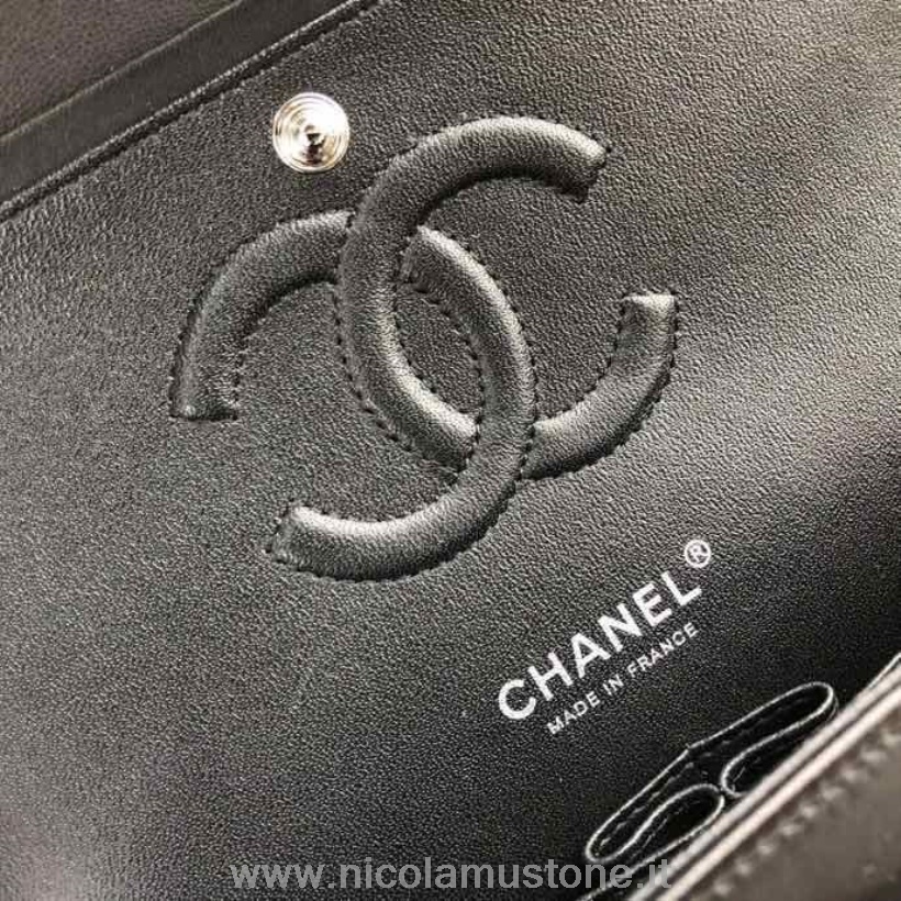 Chanel Chevron Classic Flap Bag 25cm In Originalqualität Silber Hardware Lammleder Frühjahr/Sommer 2020 Kollektion Schwarz