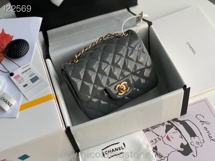Chanel Classic Flap Bag 18cm Gold Hardware Lackleder Frühjahr/Sommer 2020 Kollektion Grau In Originalqualität