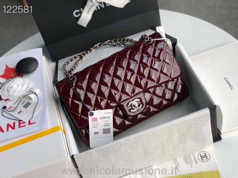 Chanel Classic Flap Bag 25cm Silber Hardware Lackleder Frühjahr/Sommer 2020 Kollektion In Originalqualität Burgund