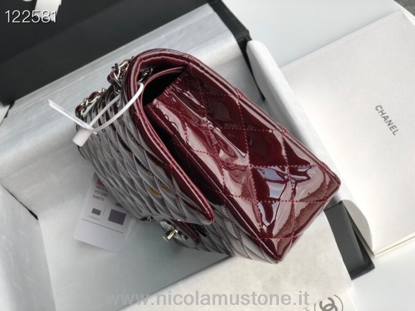 Chanel Classic Flap Bag 25cm Silber Hardware Lackleder Frühjahr/Sommer 2020 Kollektion In Originalqualität Burgund