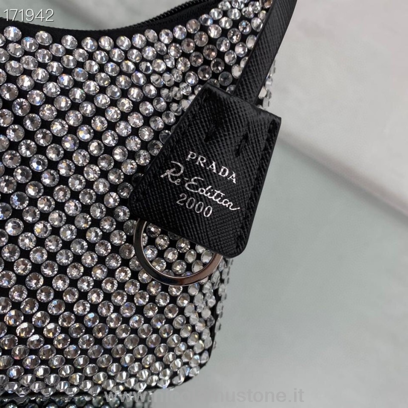 Prada Kristall-Hobo-Tasche In Originalqualität 22 Cm 6641 Nylon-Leder Kreuzfahrtkollektion 2021 Schwarz