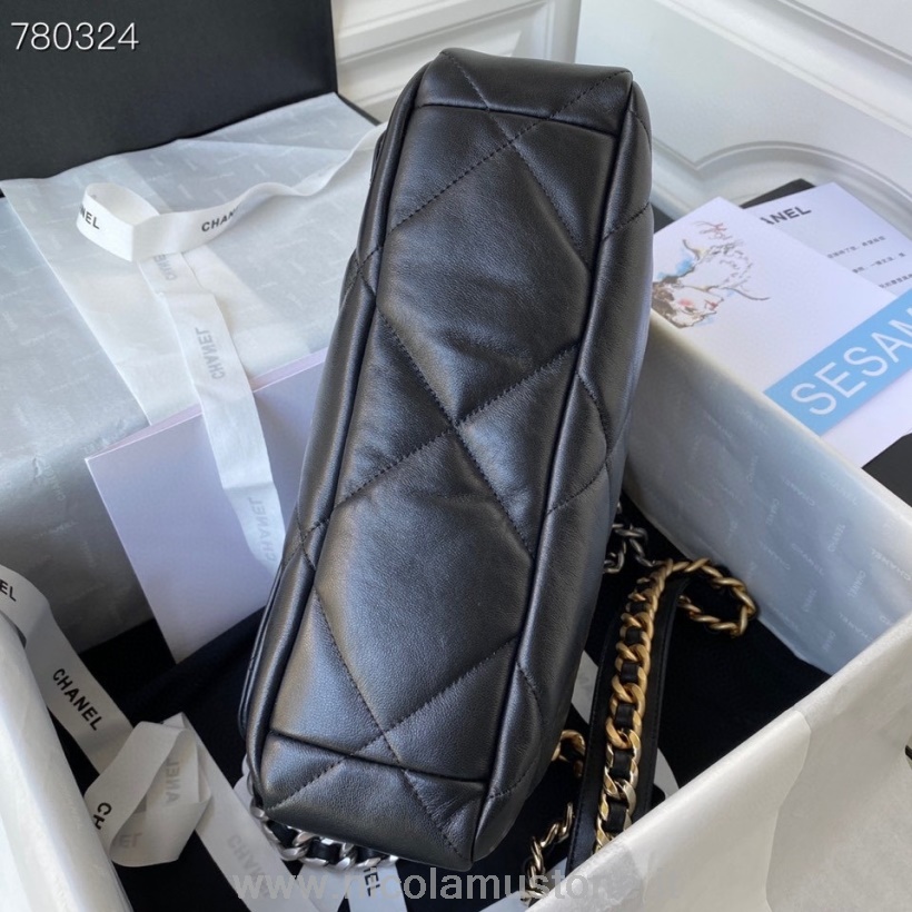 Original Qualität Chanel 19 Überschlagtasche 30cm As1161 Silberne Hardware Ziegenleder Herbst/Winter 2021 Kollektion Schwarz