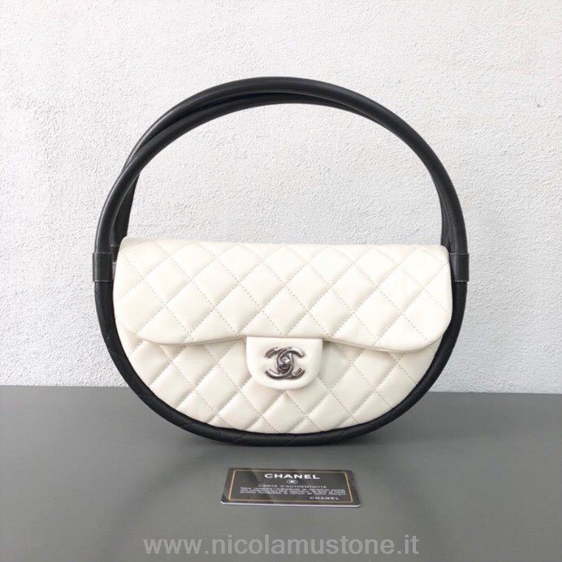 Original Qualität Chanel Hula Hoop Tasche 28cm Lammleder Silber Hardware Frühjahr/sommer Kollektion 2019 Weiß/schwarz